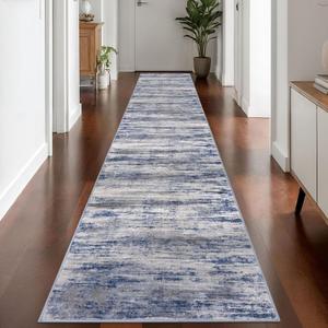 KOZYFLY Modern Abstract Washable Rug Runner 2.6x 14 Hallway Rug Runner Non-Slip Soft Kitchen Runner Rugs, Grey-Blue Striped Carpet for Entryway Bathroom Laundry Room Foyer