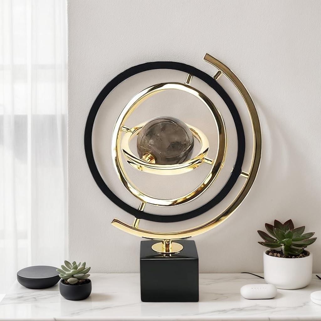 Modern Sculpture Decor, Abstract Metal Globe Art on Rectangle Stand - Black & Gold Home Office Decor for Living Room, Desk, Shelf, Elegant Gift Idea