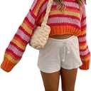 GORGLITTER Women's Striped Cropped Sweater Colorful Crew Neck Chunky Cable Knit Vintage Pullover, Size S