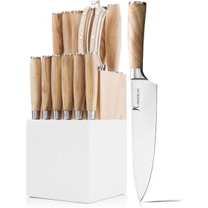 Natura Series 15 PCS Knife Block Set, Ultra Sharp High Carbon Stainless Steel with Wooden Handle (White/Yellow)