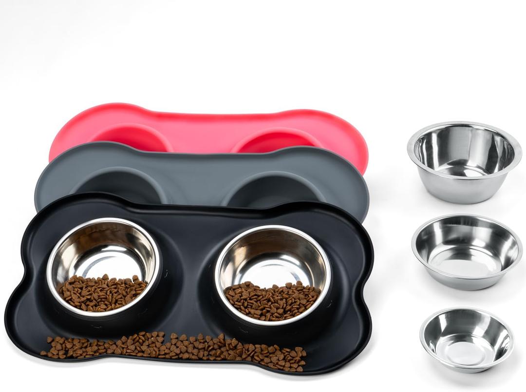 Stainless Steel Dog Bowls with Non-Slip Silicone Mat, Spill Proof Food & Water Bowls Set, Easy Clean Puppy Food Dish, Dishwasher Safe, Suitable for Dogs Cats Pet Under 20lbs, Medium, Black (Medium-13 oz)