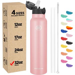 Han's Bottle Sports Water Bottle - 32 Oz, Straw Lid, Leak Proof, Vacuum Insulated Stainless Steel, Double Walled, Thermo Mug,Blush