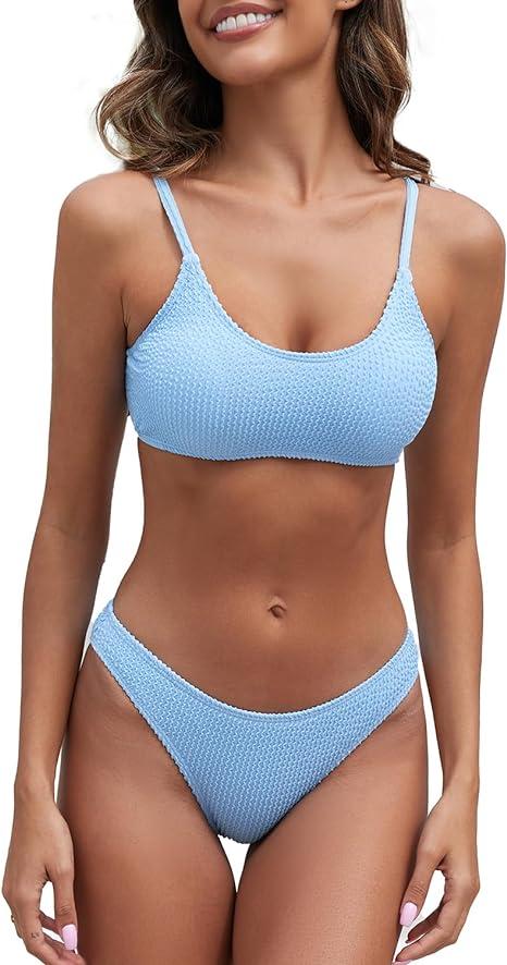 Fanuerg Women's Ribbed Bikini Sets Scoop Neck Cheeky Swimsuit Textured Two Piece Bathing Suit Light Blue S