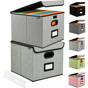 Qerlei File Organizer Boxes with Lids,Collapsible File Folder Organizer with Plastic Slide,Collapsible Filing & Storage Boxes for Office/Decor/Home (Grey, 2 Pack)