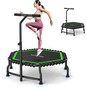 ANCHEER Trampoline, 50'' Rebounder Trampoline for Adult with Bar, Indoor Outdoor Mini Trampoline, 550LBS Fitness Trampoline with Bungee, Jumping Cardio Equipment, Exercise Trampoline at Home Gym (Green)