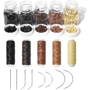 Hair Extensions Tool Kit: 2500 Pcs 5 Colors Silicone Lined Micro Links Rings Beads with 5 Rolls Sewing Waxed Threads and 8 Pcs C/J/I Needles for Hair Extensions Hand Sewing Wig DIY Craft
