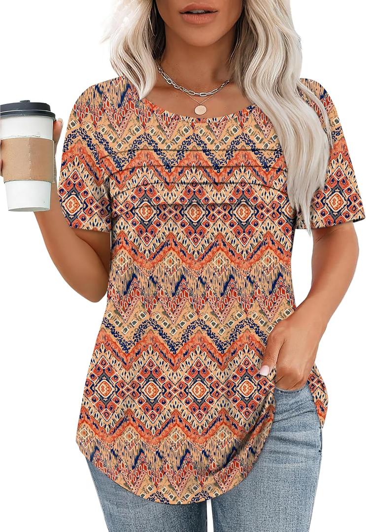 XIEERDUO Women's Pleated Tops Dressy Casual Short Sleeve Shirts Fashion Blouses Loose Curved Hem Long Tunic S-3XL (Large, Z Boho Floral)