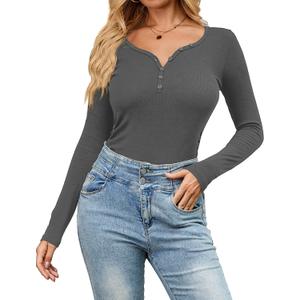 Amoretu Women's Henley Long Sleeve V Neck Shirts Slim Fitted Side Ruched Button Tops (XS)