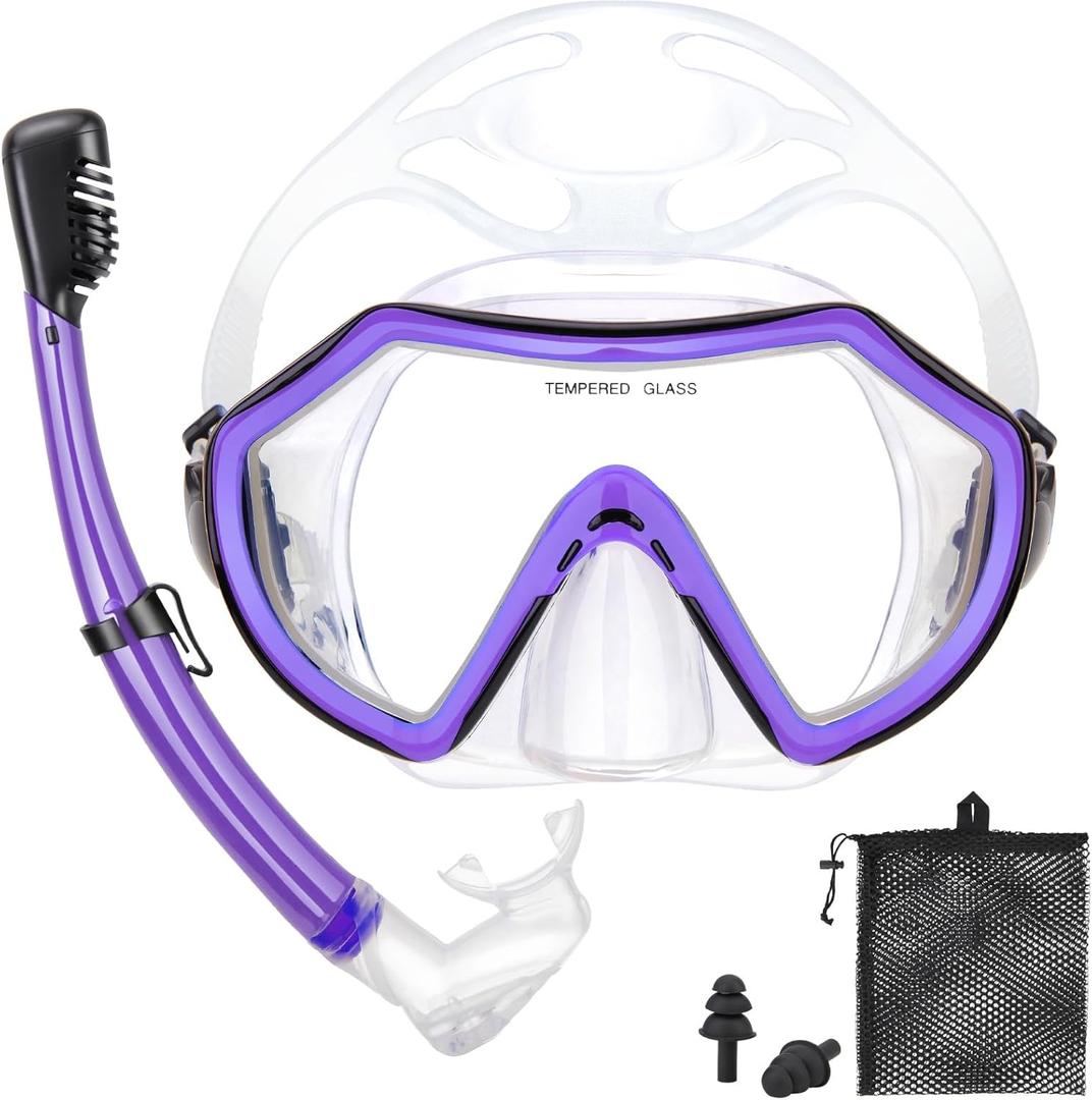 Snorkeling Gear for Adults, Dry Adult Snorkel Set HD Panoramic View Snorkel Mask Set, Anti-Leak and Anti-Fog Scuba Diving Package with Mesh Bag Ear Plug for Snorkeling Scuba Diving Travel (Purple/Transparent)