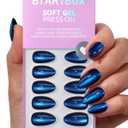 BTArtbox Press On Nails Almond - Forstbite Spell, Deep Blue Cat Eye Short Halloween Press On Nails with Glue for Women, Glossy Soft Gel Glue On Nails in 16 Sizes - 32 Stick On Nails Kit
