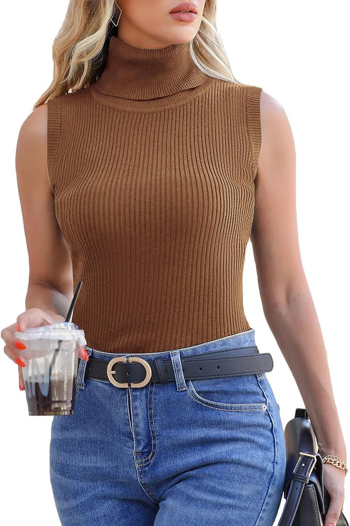 Totatuit Women's Spring Sleeveless Turtlenecks Tops Mock Neck Ribbed Solid Pullover Tank (Brown, L)