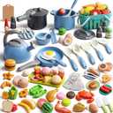 130Pcs Kitchen Playset, Toddler Pretend Cooking Play Pots, Pans, Utensils Cookware, Daily Food Fruit Veges, Shopping Storage Basket, Dessert, Prop Money, Learning Gift for Child (Blue)
