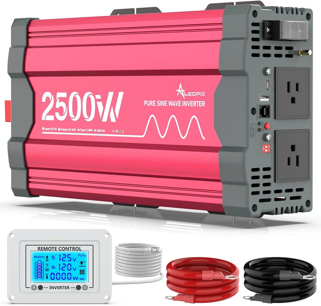 2500 Watt Pure Sine Wave Power Inverter 12V DC to 110V 120V Converter for Home, RV and Off-Grid Solar Systems with Type-C Port, 2 AC Outlets, Dual USB Ports, Remote Control with LCD Screen