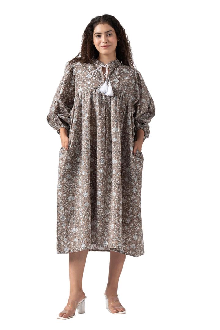 Taupe Hand Block Printed Boho Cotton Midi Dress for Women, Floral Print Maternity-Friendly Summer Tunic with Tassel & Pockets Beige, Size: Small