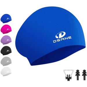 Womens Silicone Swim Cap for Long Hair,3D Ergonomic Design Silicone Swimming Caps for Women Kids Men Adults Boys Girls with Ear Plug and Nose Clip(Blue/M)