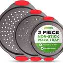 NutriChef 3-Piece Pizza Tray Set with Silicone Handles - Round Nonstick Pizza Pan with Perforated Holes, Durable Carbon Steel, Small, Medium, Large Sizes - Ideal for Crispy, Evenly Baked Pizzas (Gray)
