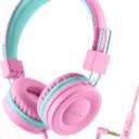 iClever Kids Headphones with Microphone for School - 85dB/94dB Volume Control, Wired Headphones for Kids Girls Boys, Adjustable Foldable On-Ear Headphones for Online Learning/iPad/Tablet/Travel, Pink