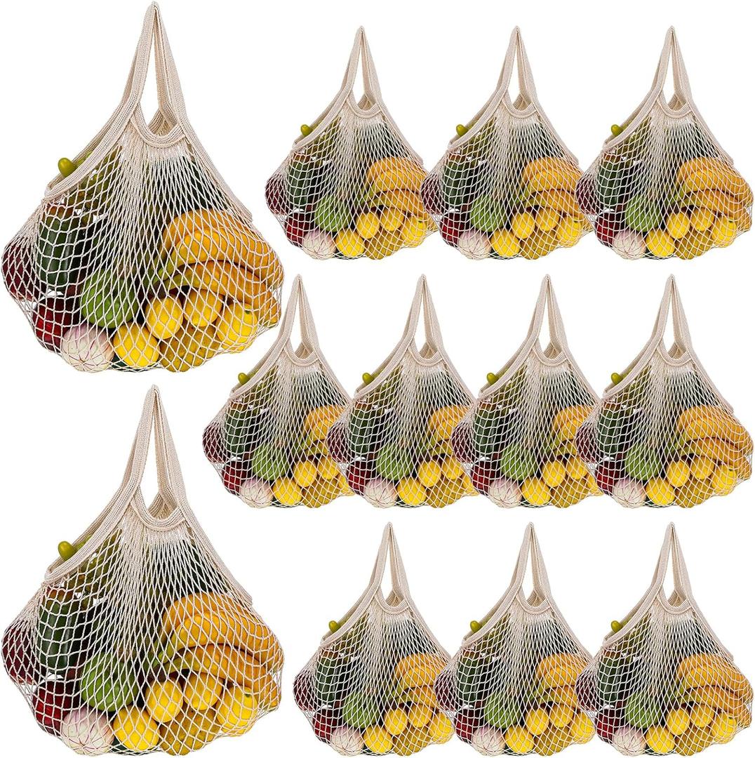 12 Pieces Reusable Mesh Grocery Bags Portable Cotton Produce Containers Washable Net Mesh Reusable Tote Bag with Handle String Shopping Organizer for Fruit Vegetable Shopping Storage Market