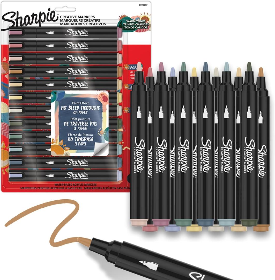 Sharpie Creative Markers, Warm Tones, Water-Based Acrylic Markers, Bullet Tip, Assorted Colors, 12 Count