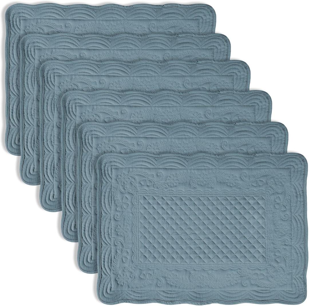 Light Blue 100% Cotton Quilted Placemats Set of 6, Rectangular Placemats Machine Washable-13x18 inches for Kitchen or Dining Table Fabric Rectangular Table Mats (13"x18")