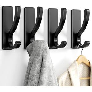 pickpiff Adhesive Wall Hooks for Towels - Sticky Hook Hanging Heavy Duty (13lb), Hanger for Door, Bathroom, Dorm, Closet - for Coats, Purse, Bag, Robe - No Damage to Wall - Black 4 Pack