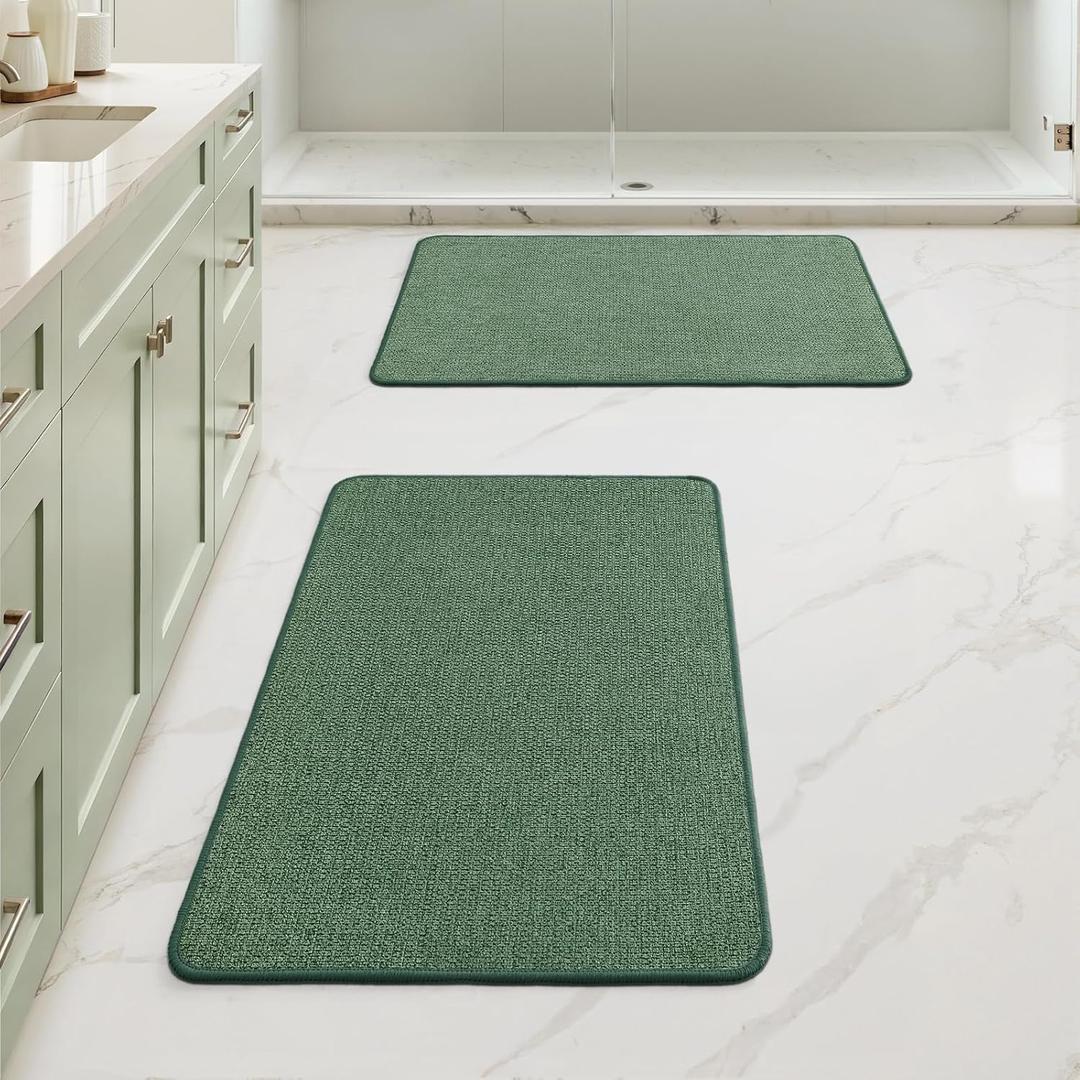 MIULEE Green Set of 2 Ultra Thin Bathroom Rugs, Rubber Bath Mats for Bathroom Non Slip, Quick Dry Absorbent Bath Rug Machine Washable, Fit Under Door, Shower, Sink, Spring Home Decor, 17x27 Inch