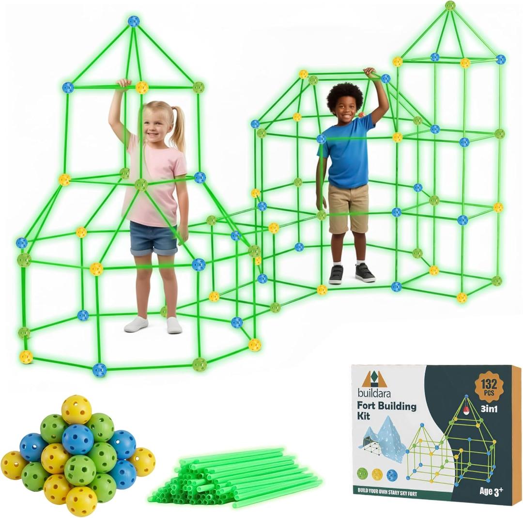 Fort Building Kit for Kids -132 PCS- Glow-in-The-Dark STEM Tent for Kids with Starry Sheet & Light - Indoor and Outdoor Building Toy for Boys & Girls - Creative Play, Teamwork & Educational Fun Gift