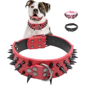 Spiked Dog Collar, Sharp Spike Studded Anti-Bite Protect Pets Neck Adjustable for Medium Large Breed Dogs as Mastiff Pitbull Pug Bulldog, Black Rivets 2-Inch Wide Red, M 19-22"