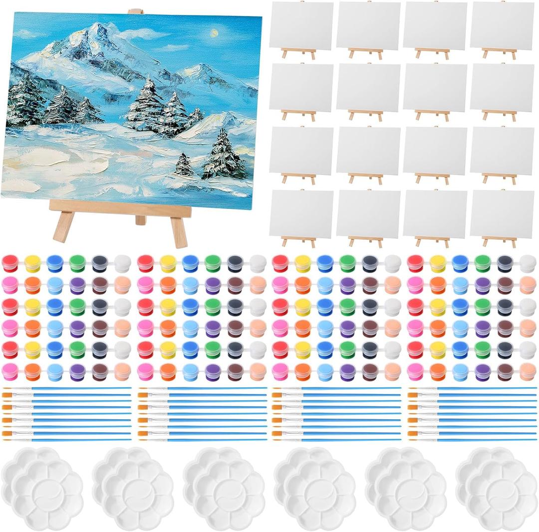 Qilery 24 Set, 6 x 8 Inch Mini Canvas Boards and Easel for Painting, Acrylic Paint Strips, Palettes, Brushes, Canvases Painting Kits for Kids Adults Artists Beginners Oil Acrylic Painting Party Favors