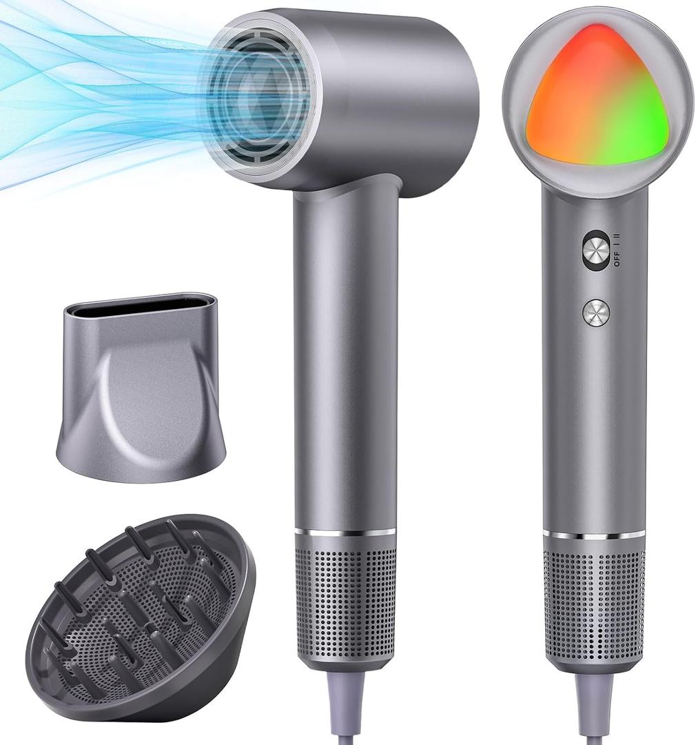 Hair Dryer, 160000 RPM Portable Professional Ionic Hair Dryer with 500 Million Negative Ions, Fast-Drying, Low Noise with Diffuser & Nozzle, Lightweight for Home and Travel (Silver)