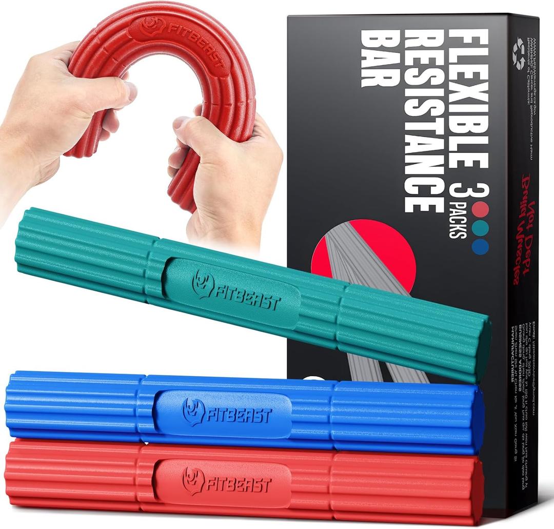 FitBeast Flex Therapy Bar, Tennis Elbow Therapy Bar - Ideal for Relieve Tendonitis Pain & Improve Grip Strength, Fitness Resistance Bar for Golfers Elbow & Tendinitis, Twist Bar for Physical Therapy (3 Piece Set - Red Green Blue)