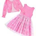 grehava Toddler Girl Dress and Cardigan Set 3Y Light Pink Girl Dress with Bow Print and Ruffle Cardigan 3T Dresses for Toddler Girls Tea Party