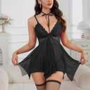 Bow Sexy Lingerie For Women Floral Lace Babydoll Nightdress Women's Sleepwear Chemise Nightwear With Fishnet Stockings（Black S)