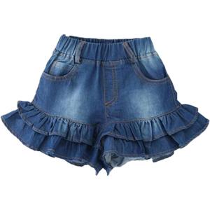 Girls Denim Shorts 2 Layers Ruffles Lace Kids Baby Workout Fashion Skirt Shorts Summer Beach Sports Short Pants (5-6 Years, Dark Blue)