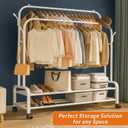 Heavy Duty Coat Rack, Garment Rack & Clothes Rack with Wheels, Freestanding Double Rod Clothing Racks for Hanging Clothes with 2-Tier Shelf & Closet Rack Organizer for Bedroom Entryway (White)