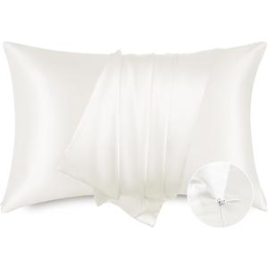 Bedsure Satin Pillowcase with Zipper, Similar to Silk Pillow Cases 2 Pack, Satin Pillow Cases Queen Size Set of 2, Silky & Soft Ivory Pillow Cover for Hair and Skin, Gifts for Women Men, 20x30 Inches