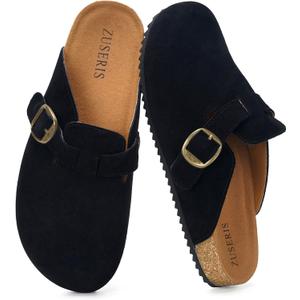 ZUSERIS Women's Men's Suede Clogs Wide Width Leather Mules Cork Footbed Sandals Slip on Comfort Potato Shoes with Arch Support (9.5 Women/8.5 Men, Black)