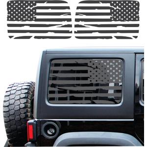 Compatible with Jeep Wrangler JL (4 Door) 2018-2024 | Precut American Flag Window Decals | Both Side | Proudly Made in The US | Matte Black (Distressed)