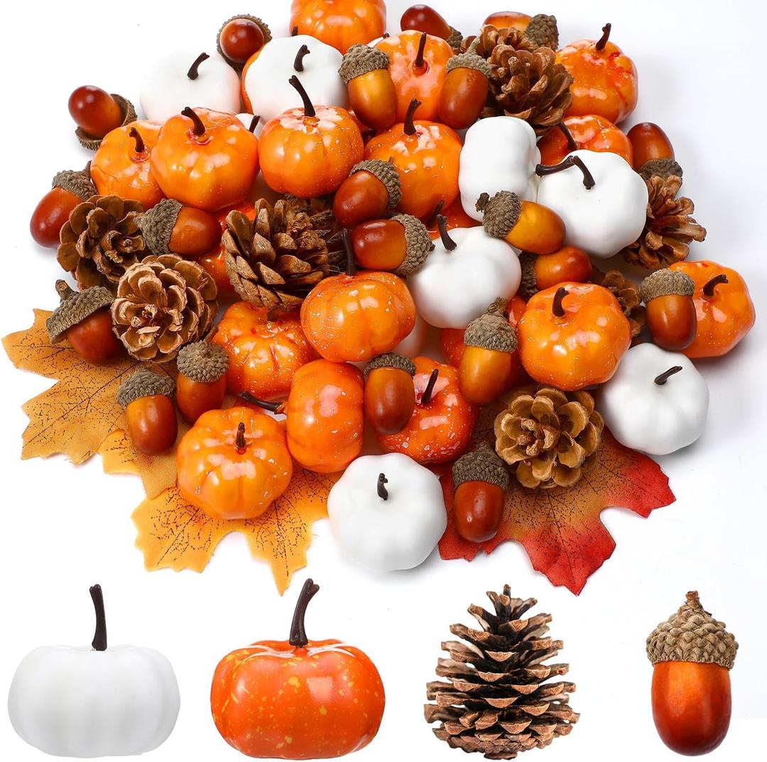 Yookeer 120pcs Thanksgiving Mini Pumpkins Artificial Acorns Pine Cones for Decorating Fall Vase Filler Thanksgiving Table Centerpiece Small Fake Props Bulk for Autumn Harvest DIY Craft(Lovely Color)