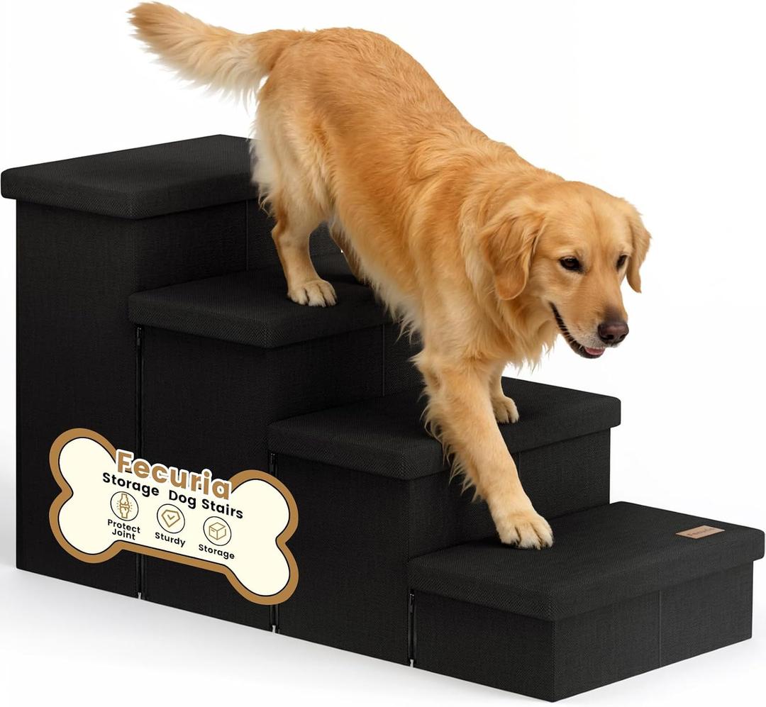 4-Step Wide Dog Stairs with Storage 23" H, Non-Slip Sturdy Pet Steps for High Bed Couch Window, Pet Stairs for Small/Medium/Large Old Dogs Cats Up to 220lbs, Cat Dog Steps for Car/SUV, Black