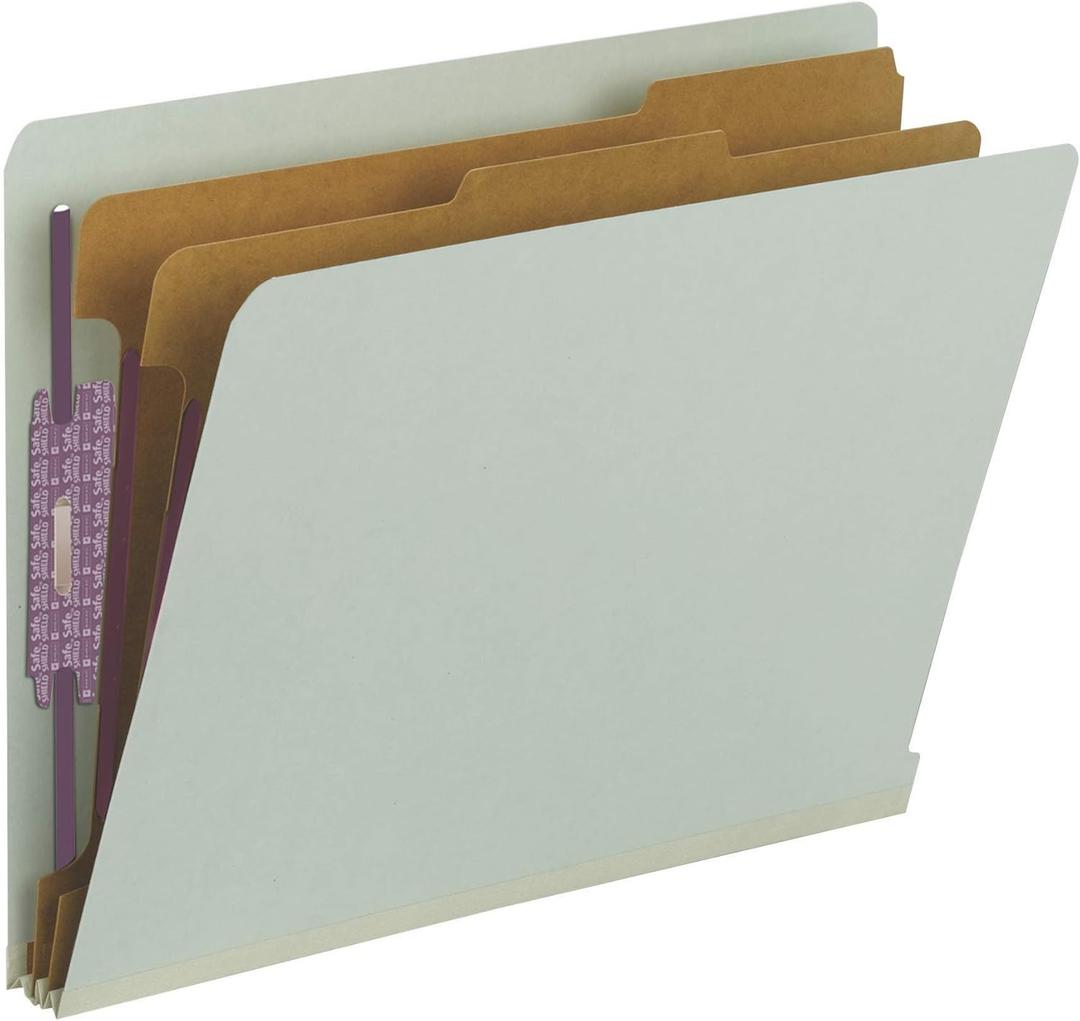 Smead 100% Recycled End Tab Pressboard Classification File Folder with SafeSHIELD Fasteners, 2 Dividers, 2" Expansion, Letter Size, Gray/Green, 10 per Box (26810)