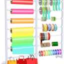 7-Tier Double Row Metal Ribbon Organizer Wall Mount, 14 Removable Rods Large Capacity Storage Holder Rack, Heavy Duty Craft Room Organization for Flower Shop DIY Yarn Gift Bag - White