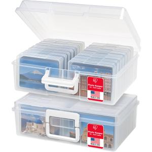 IRIS USA 4" x 6" Photo Storage Box Craft Keeper, 2-Pack, Transparent Handle Container with 16 Organization Cases for Pictures, Crafts, Scrapbooking, Stationery Storage and Organization, Clear