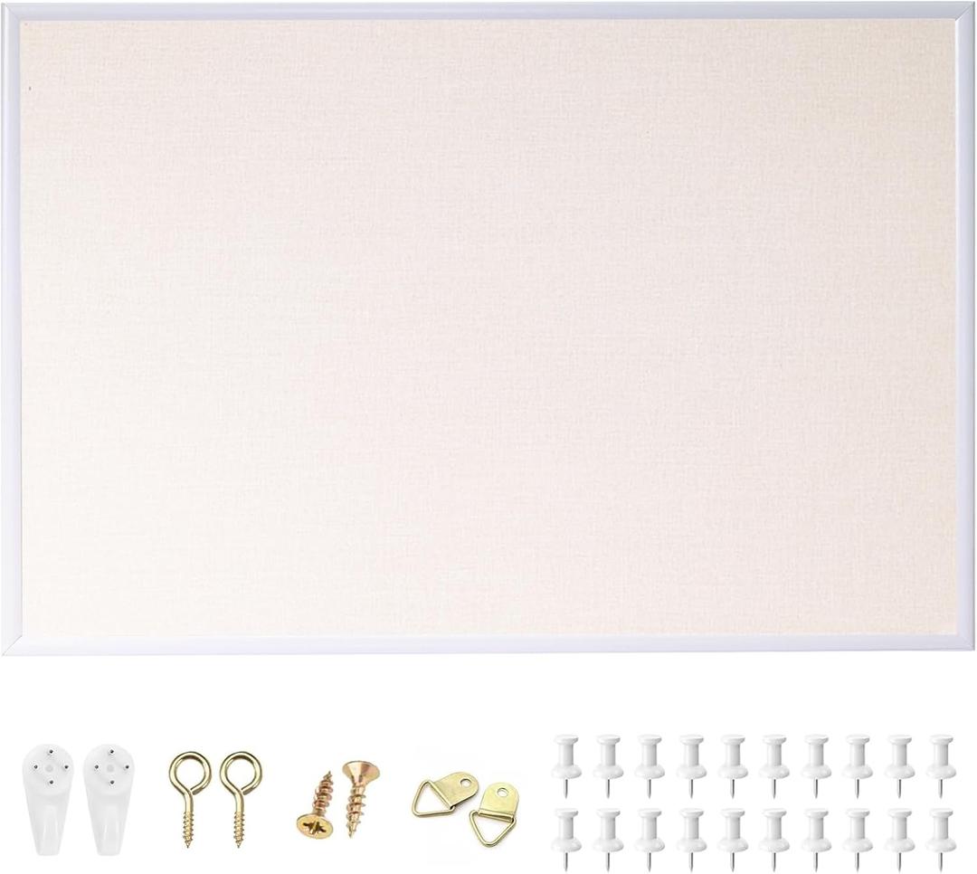 24'' x 36'' Large Linen Bulletin Board, Cork Board for Walls, White European Frame Style, Vision Board, Pin Wood, Ideal for Shool, Home and Office (36" x 24", White Linen Board)