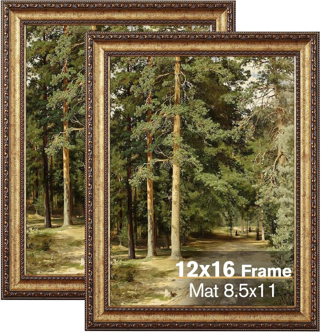 12x16 Gold Picture Frame, 2 Pack Ornate Vintage Picture Frames for Wall or Tabletop Display, 12x16 Photo Frame Gold with Real Glass, Display Poster 8.5x11 with Mat or 12 x 16 without Mat for Antique Dco
