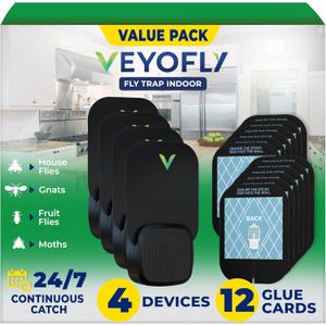 VEYOFLY Fly Trap Indoor, Fruit Fly Traps for Indoors, (4 Device + 12 Refills) Gnat Traps for House Indoor, Fly Catcher Indoor, Plug in Light Flying Insect Trap, Bug Light Killer, Fly Trap (Black)