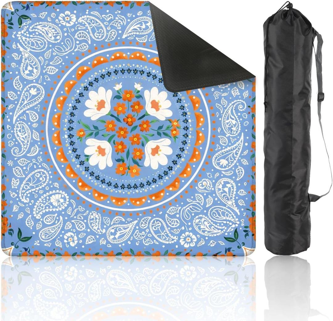 Mahjong Mat with Carrying Bag 31.5" x 31.5" Non-Slip Noise Reduction Floral Mandala Blue White Paisley Motifs Orange Flowers Table Mat for Mahjong Poker Dominoes Card Board Tile Games (Color6)