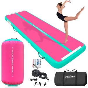 VOFiTNY Inflatable Gymnastics Air mat Tumbling Track with Air Barrel Octagon Mat with Pump for Home/Gym (Mat 10'Lx3.3'W Roller 3.3'Lx2'D, Pink/Mint+Roller)