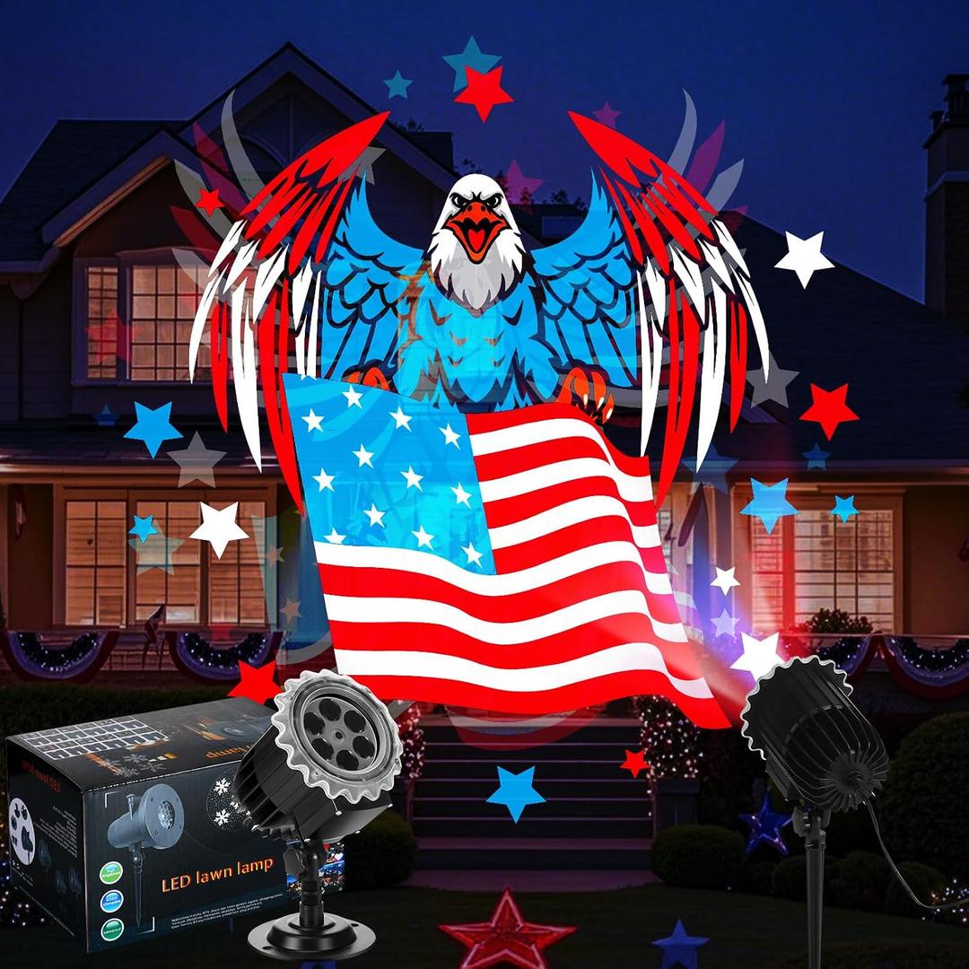 Independence Day Projector Lights 4th of July Projector Patriotic Waterproof Outdoor Indoor LED Spotlight with Dynamic American Flag Patterns for Garden Yard Party Decor (Hawk)
