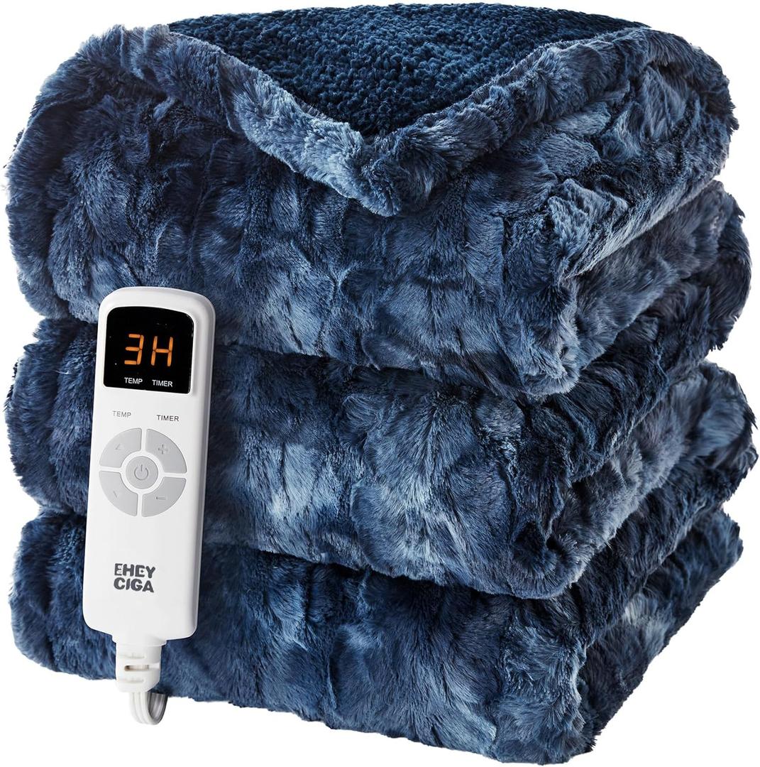 EHEYCIGA Electric Heated Blanket Throw Faux Fur, 10 Hours Auto Shut Off 9 Heating Levels Heating Blanket Throw, Soft Warm Heated Blanket Fast Heating Navy Blue, Faux Fur & Sherpa, Quen Size